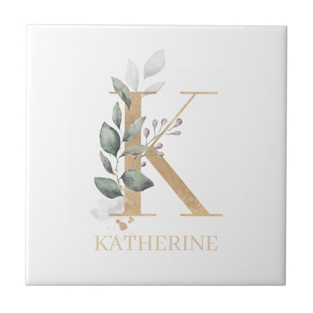 K Monogram Floral Personalised Tile (Front)