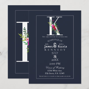 K Monogram Last Initial Modern Blue Floral Wedding Invitation