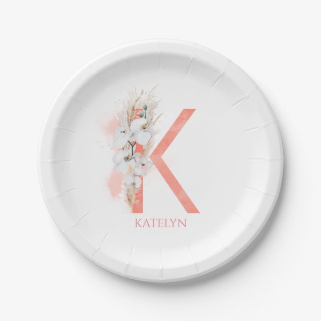 K Monogram Name Pampas Grass White Orchids Paper Plate (Front)