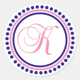 K Monogram (Navy Blue / Pink Dot Circle) Classic Round Sticker