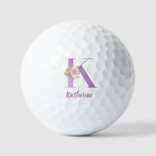 K Monogram Purple Floral Watercolor Personalised Golf Balls