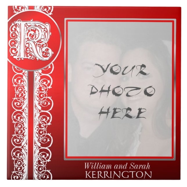 K Monogram "White Lace on Red" with Photo - Tile (Front)