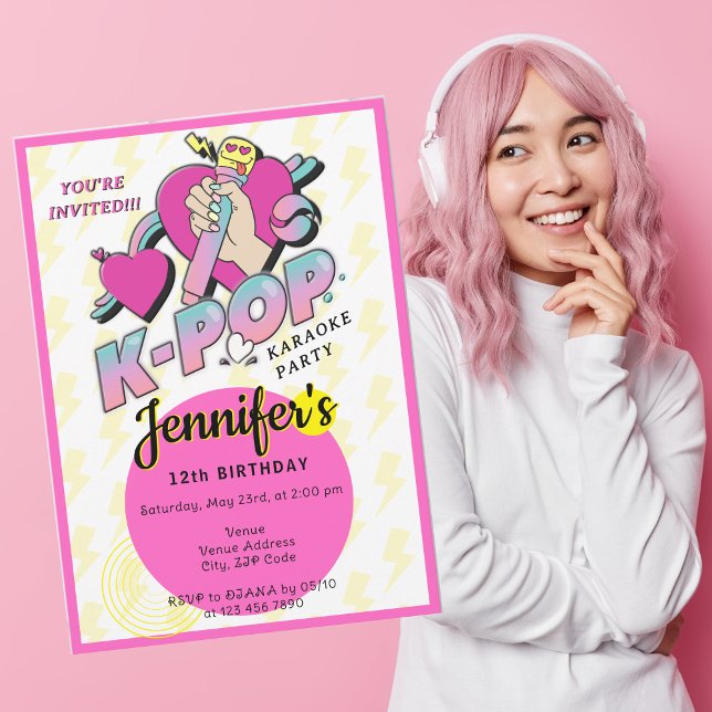 K-Pop Korean Music Star Trendy KPop Birthday Party Invitation (K-Pop Korean Music Star Trendy Kpop Girly Teen Tween Birthday Party Invitation Girl Karaoke party)