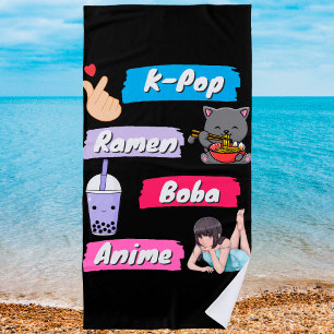 K-Pop, Ramen, Boba and Anime Pop Culture Fan   Beach Towel