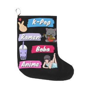 K-Pop, Ramen, Boba and Anime Pop Culture Fan  Large Christmas Stocking