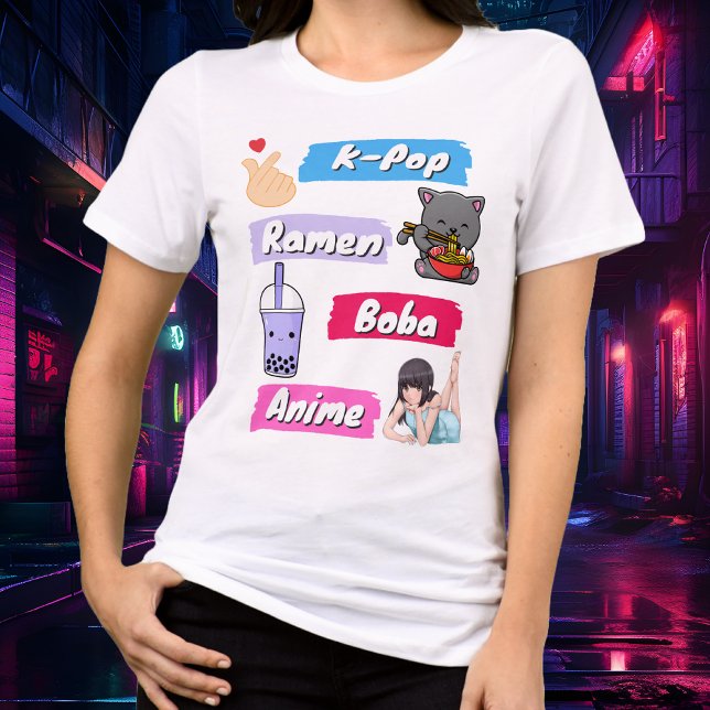 K-Pop, Ramen, Boba and Anime Pop Graphic Tee (Anime, Boba, Ramen, K-Pop colorful fan graphic tee!)