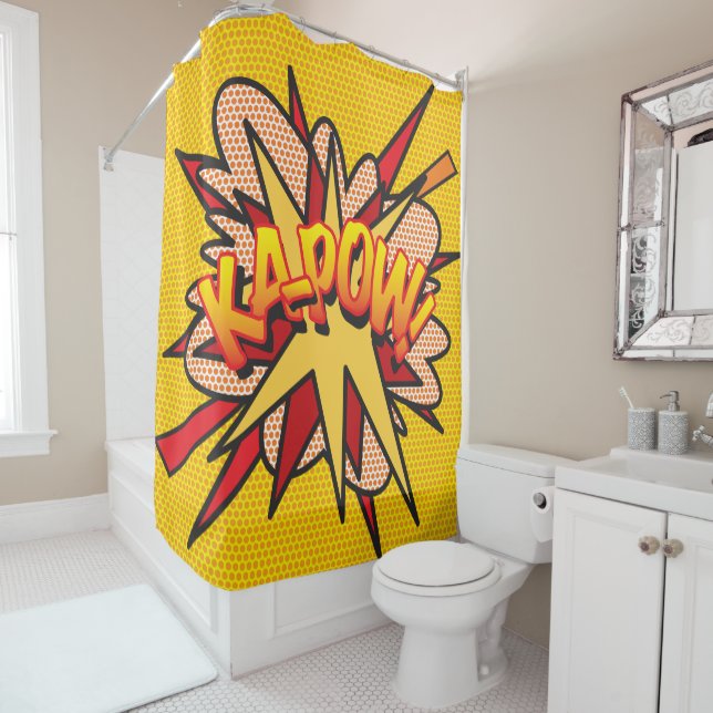 KA-POW Fun Retro Comic Book Pop Art Shower Curtain (In Situ)