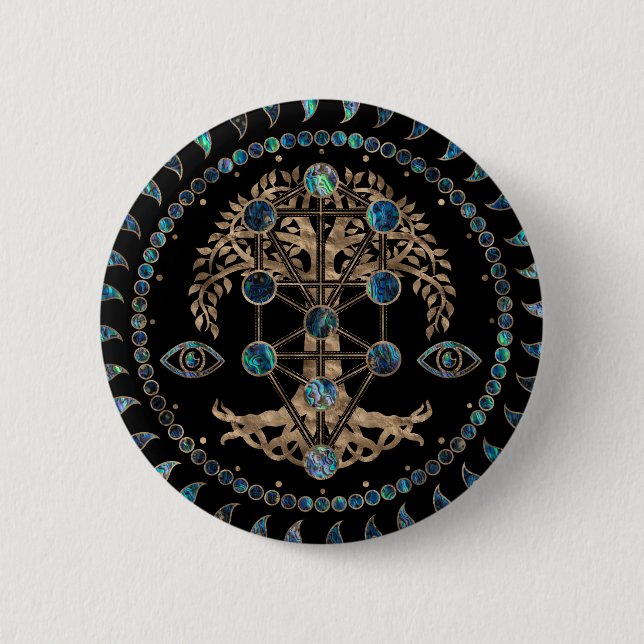 Kabbalah The Tree of Life Abalone and Gold 6 Cm Round Badge (Front)