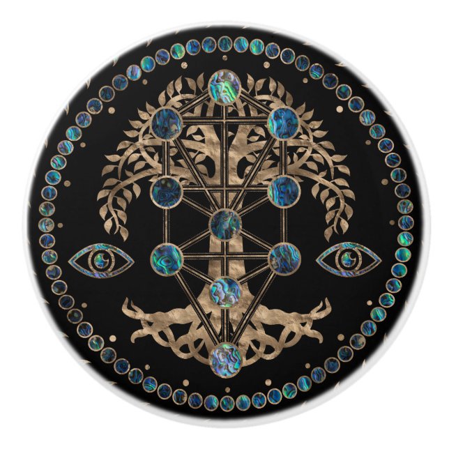 Kabbalah The Tree of Life Abalone and Gold Ceramic Knob (Front)