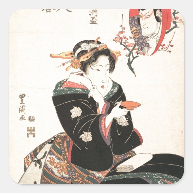 Kabuki Actor Reflected in a Sake Cup Square Sticker (Front)