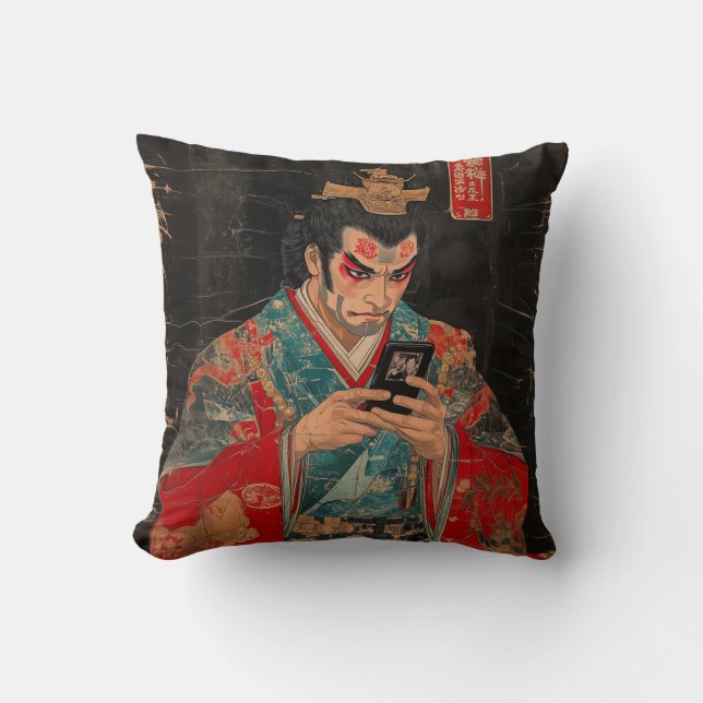 Kabuki Actor with Cell Phone Throw Pillow (Front)