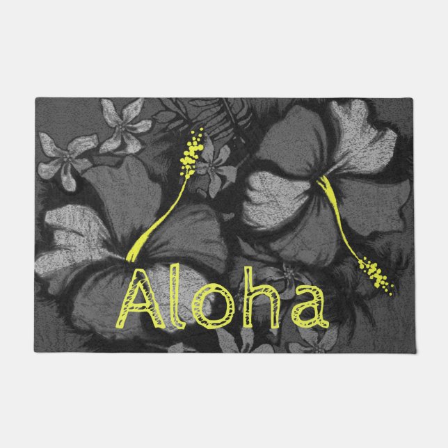 Kahala Hibiscus Hawaiian Lava Rock Aloha Black Doormat (Front)