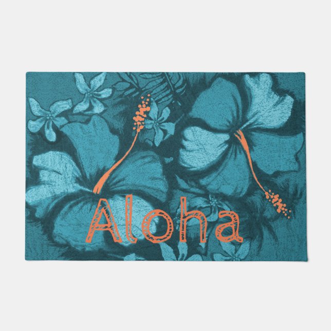 Kahala Hibiscus Hawaiian Lava Rock Aloha Teal Doormat (Front)