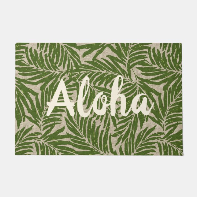 Kahanu Palms Hawaiian Faux Linen Texture Aloha Doormat (Front)