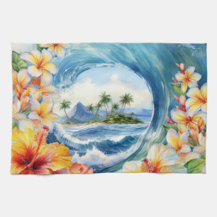 Kai Aloha Hibiscus Watercolor Wave Reversible Tea Towel