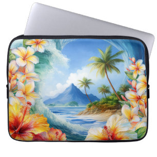 Kai Aloha Hibiscus Watercolor Wave Wetsuit Laptop Sleeve