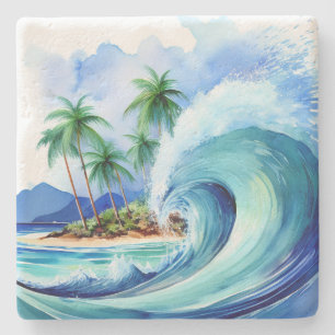 Kai Aloha Island Watercolor Wave Stone Coaster