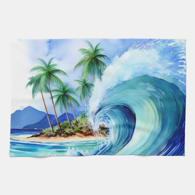 Kai Aloha Island Watercolor Wave Tea Towel (Horizontal)