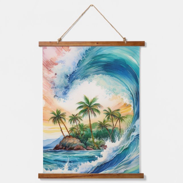 Kai Aloha Motu Watercolor Wave Hanging Tapestry (Front)