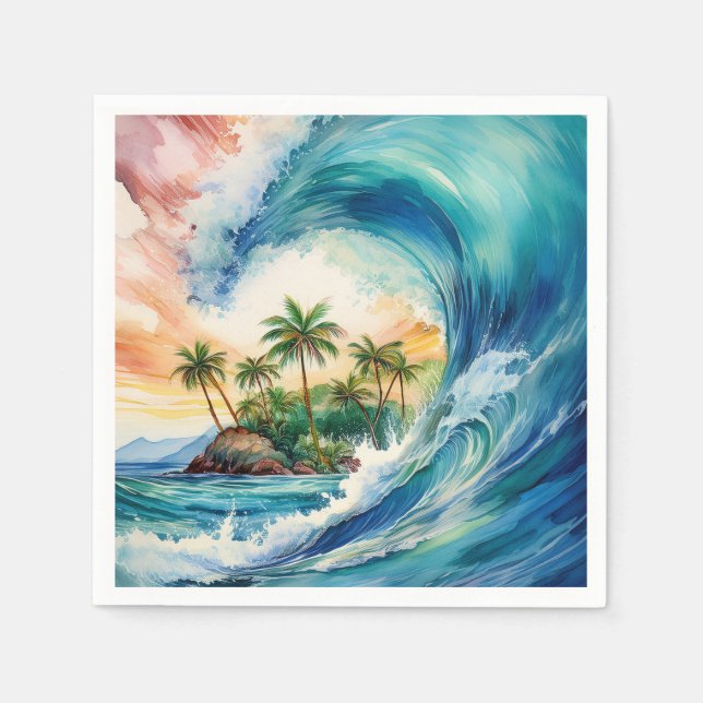 Kai Aloha Motu Watercolor Wave Napkin (Front)