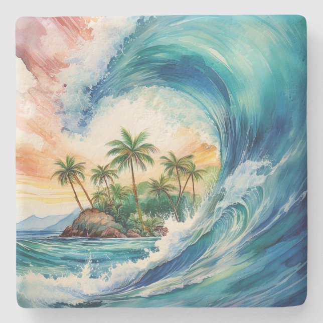 Kai Aloha Motu Watercolor Wave Stone Coaster (Front)