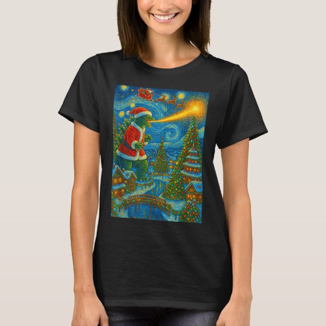 Kaiju Christmas Van Gogh Starry Night Japanese Mon T-Shirt (Front)