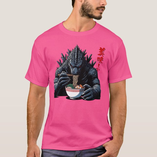 Kaiju Eating Ramen Oishi Funny Japanese Monster Lo T-Shirt (Front)