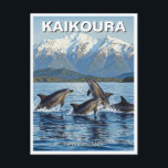 Kaikoura New Zealand Dolphins Travel Postcard<br><div class="desc">Kaikoura, a small coastal town on the east coast of New Zealand’s South Island, is famous for its incredible marine life and stunning natural beauty. Nestled between the rugged Seaward Kaikoura Range and the Pacific Ocean, the town offers breathtaking views where snow-capped mountains meet the sea. Kaikoura’s unique underwater geography,...</div>