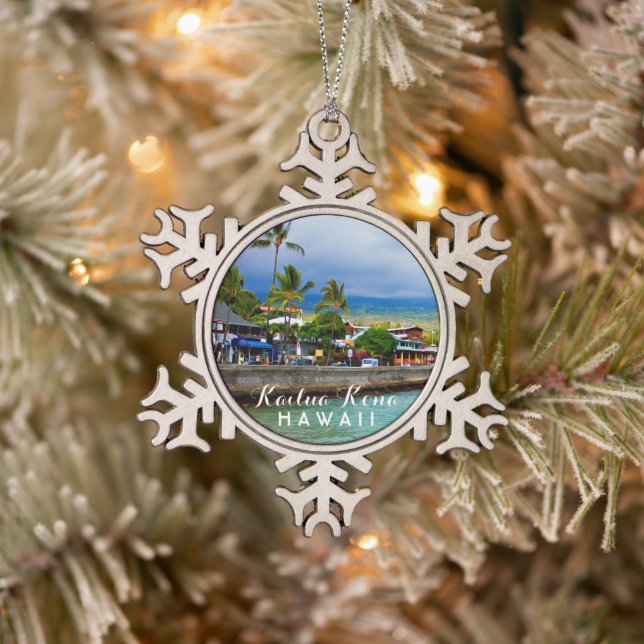 Kailua Kona Pier Hawaii Tropical Snowflake Pewter Christmas Ornament (Tree)