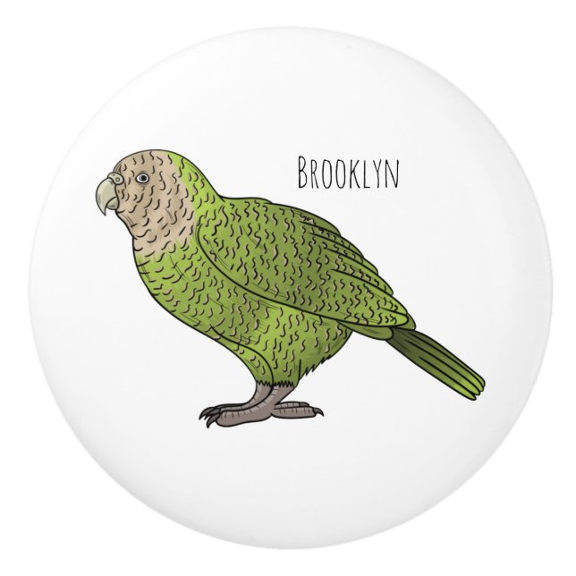 Kakapo bird cartoon illustration  ceramic knob (Front)