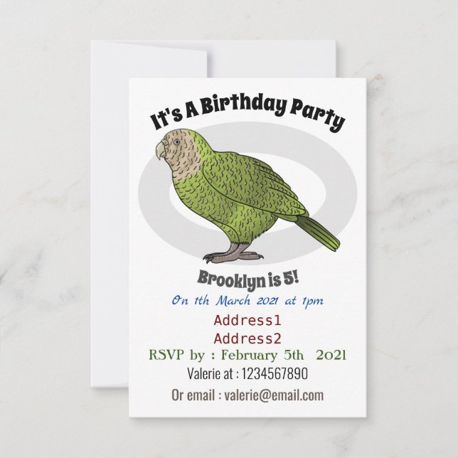 Kakapo bird cartoon illustration invitation (Front)