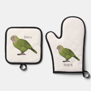 Kakapo bird cartoon illustration  oven mitt & pot holder set