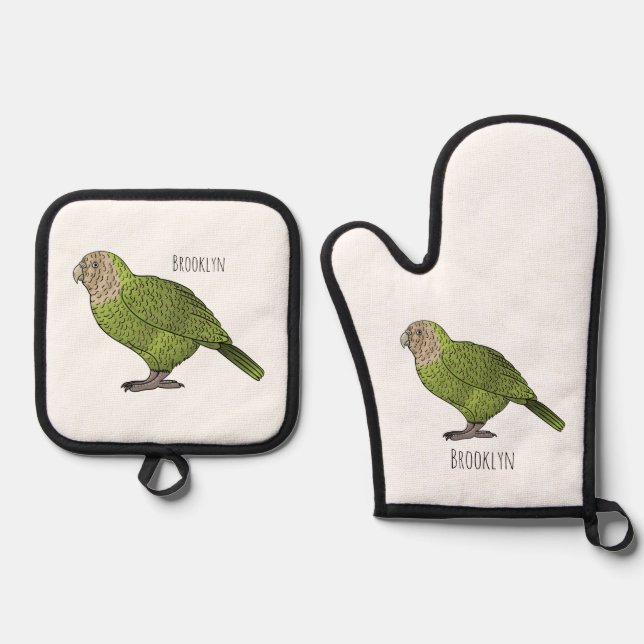Kakapo bird cartoon illustration  oven mitt & pot holder set (Front)