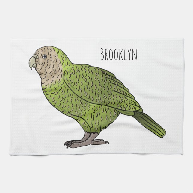 Kakapo bird cartoon illustration  tea towel (Horizontal)