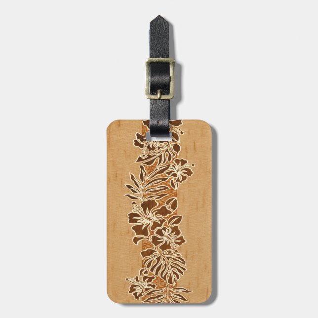 Kalaheo Hawaiian Hibiscus Tapa Faux Wood Luggage Tag (Front Vertical)