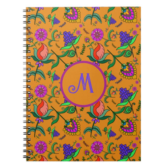 Kalamkari Colourful Flowers Yellow Background Gree Notebook (Front)
