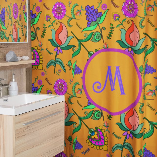 Kalamkari Colourful Flowers Yellow Background Gree Shower Curtain (Creator Uploaded)