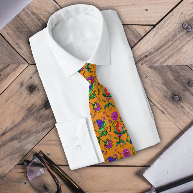 Kalamkari Colourful Flowers Yellow Background Gree Tie (Creator Uploaded)