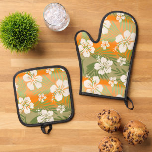 Kalani Tie Dye Blend Tropical Hibiscus Khaki Oven Mitt & Pot Holder Set