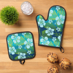 Kalani Tie Dye Blend Tropical Hibiscus Teal Oven Mitt & Pot Holder Set