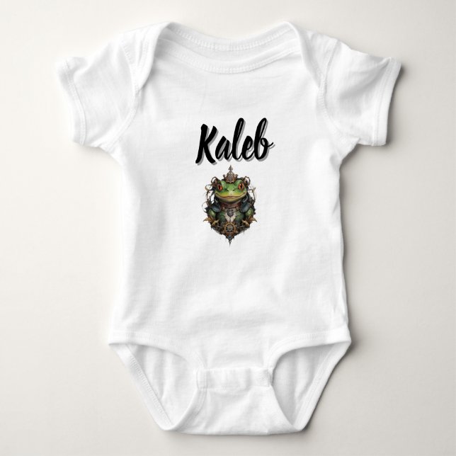Kaleb Name With Steampunk Frog, Baby Bodysuit (Front)
