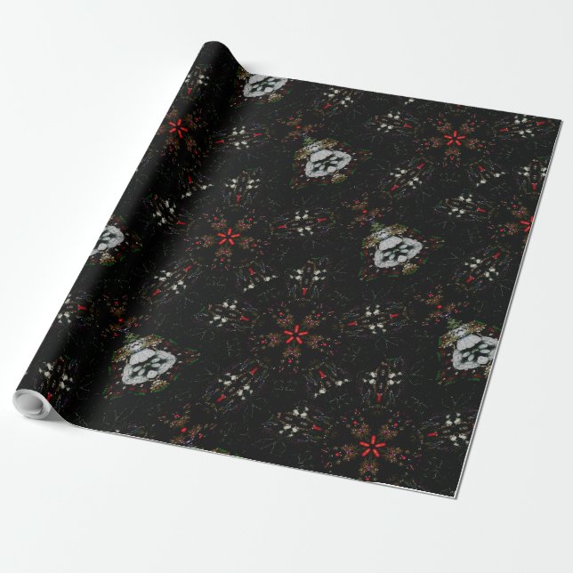 Kaleidoscope Design Black Red Floral Pattern Wrapping Paper (Unrolled)