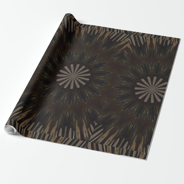 Kaleidoscope Design Dark Brown Rustic Floral Wrapping Paper (Unrolled)