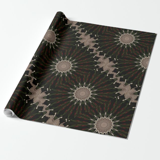 Kaleidoscope Design Dark Green Red Brown Wrapping Paper (Unrolled)