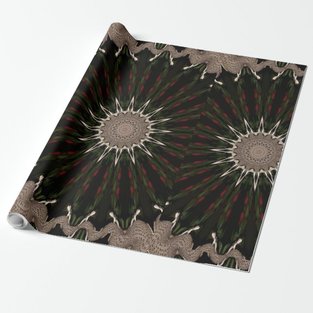 Kaleidoscope Design Dark Green Red Brown Wrapping Paper (Unrolled)