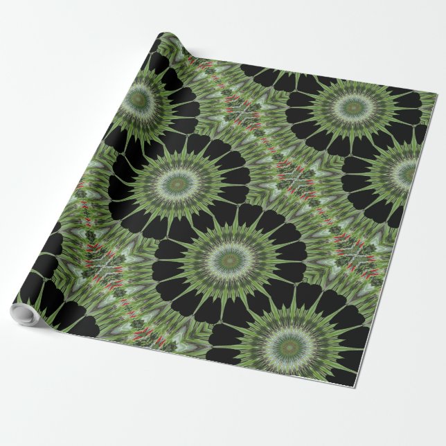 Kaleidoscope Design Green Black Wrapping Paper (Unrolled)