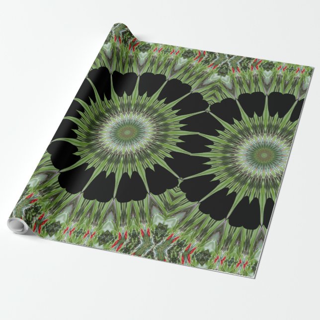 Kaleidoscope Design Green Black Wrapping Paper (Unrolled)