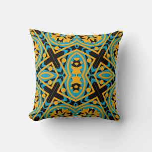 Kaleidoscope Design, Light Blue, Gold, Black Cushion