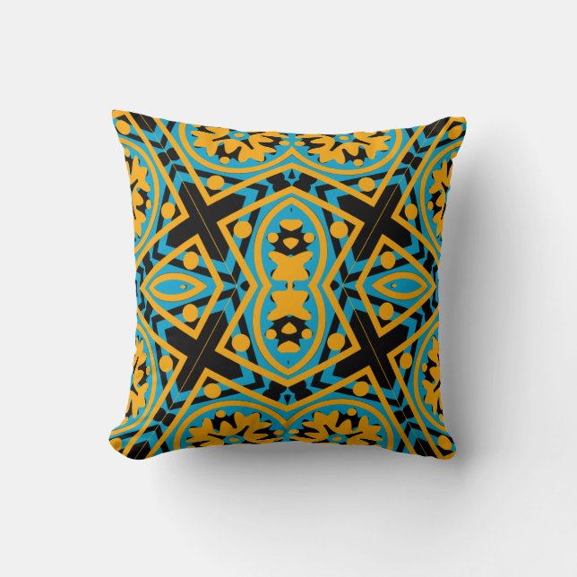 Kaleidoscope Design, Light Blue, Gold, Black Cushion (Front)