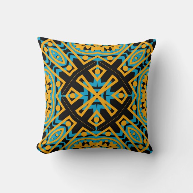 Kaleidoscope Design, Light Blue, Gold, Black Cushion (Front)